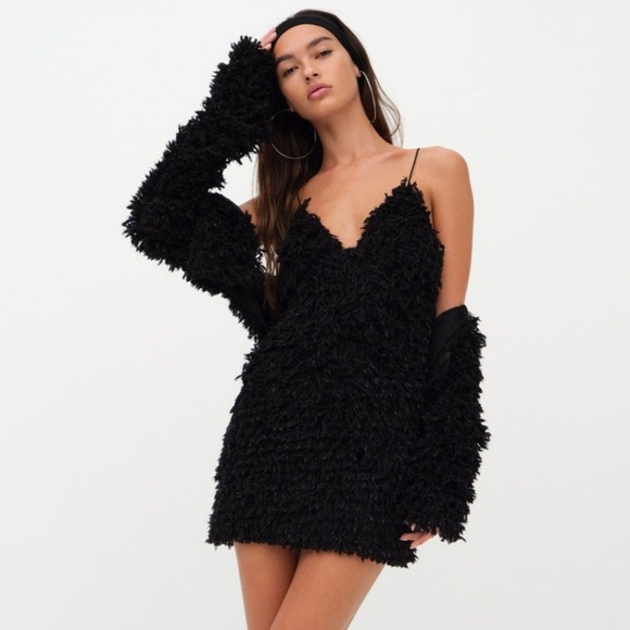 For Love & Lemons Kamara Mini Dress Sz M Black Metallic Shaggy Tie Back Dress - Picture 9 of 9